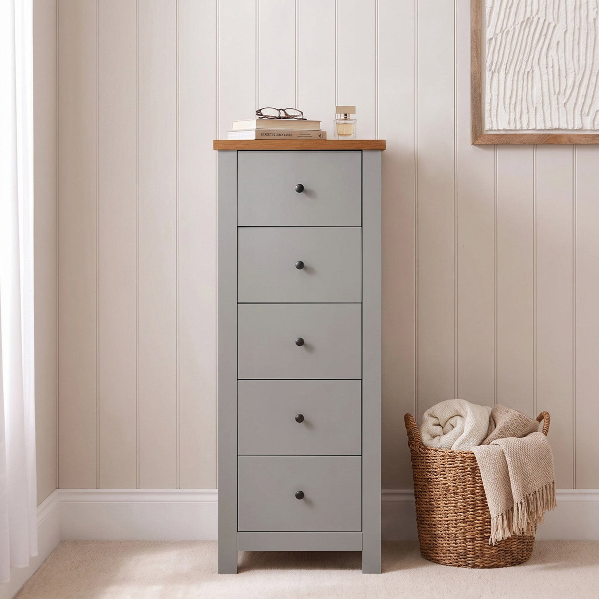 Bampton 5 Drawer Tallboy - Stone Grey