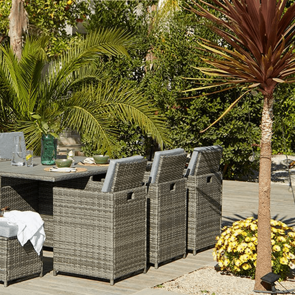 Cube 10 Seater Rattan Outdoor Dining Set - Grey Weave Polywood Top