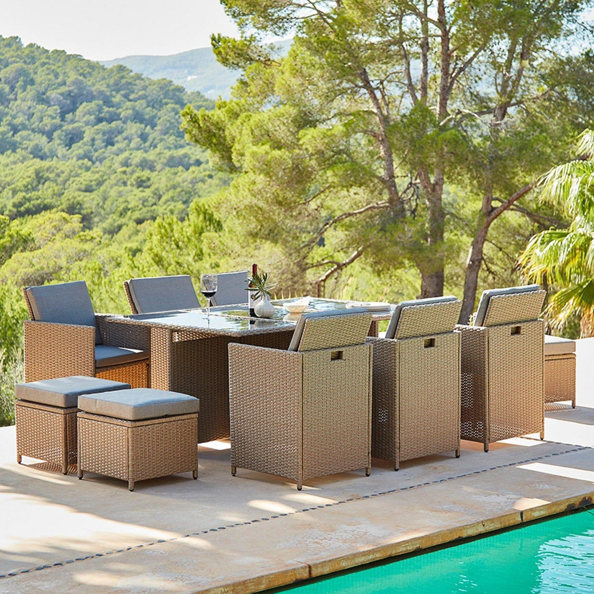 OUTLET - Cube 10 Seater Rattan Outdoor Dining Set - Natural Brown Weave