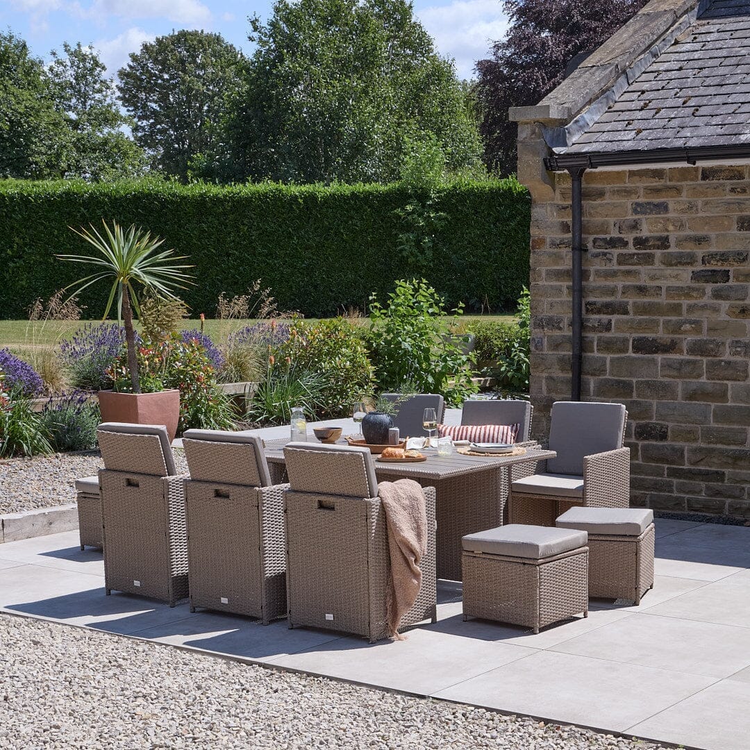Cube 10 Seater Rattan Outdoor Dining Set - Natural Brown Weave Polywood Top