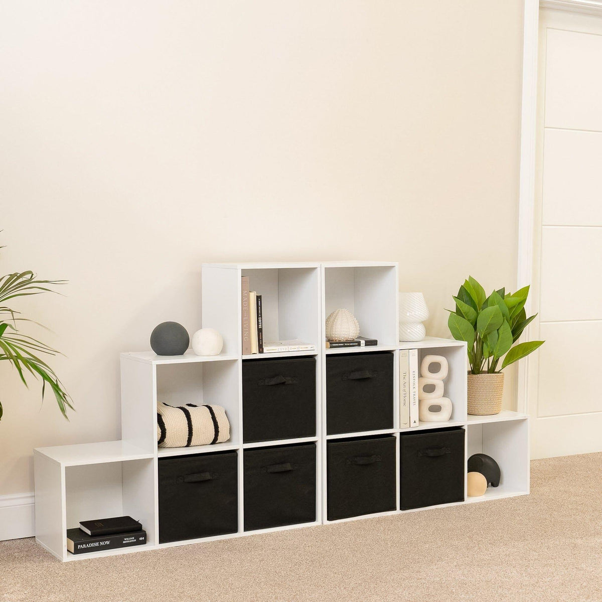 Cara 12 Cube Bookcase Ladder Storage Unit - Chalk White - Two 6 Cube Units - Black Basket