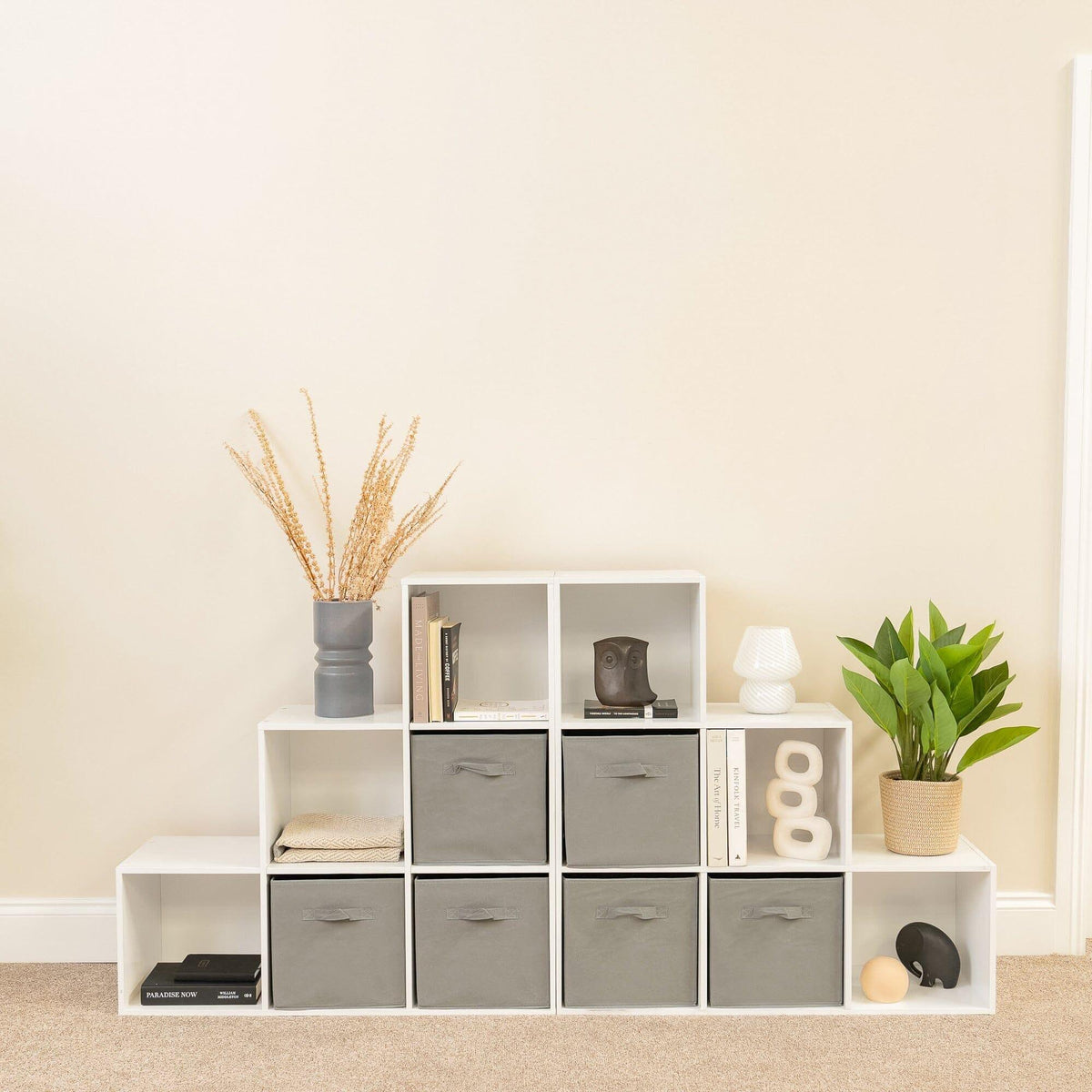 Cara 12 Cube Bookcase Ladder Storage Unit - Chalk White - Two 6 Cube Units - Grey Basket