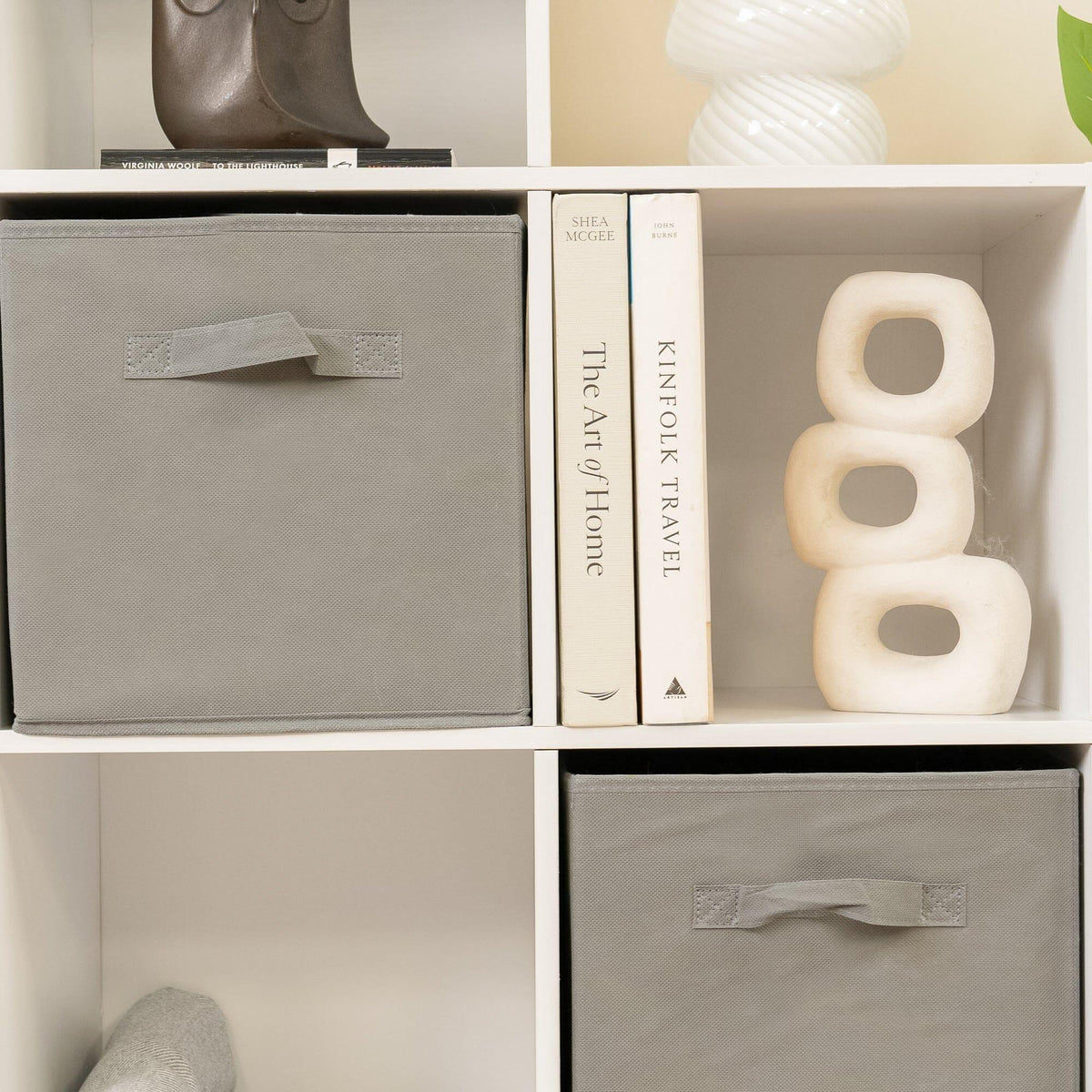 Cara 12 Cube Bookcase Ladder Storage Unit - Chalk White - Two 6 Cube Units - Grey Basket