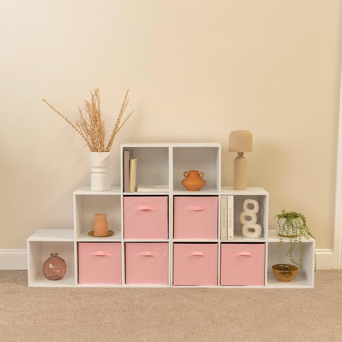 Cara 12 Cube Bookcase Ladder Storage Unit - Chalk White - Two 6 Cube Units - Pink Basket