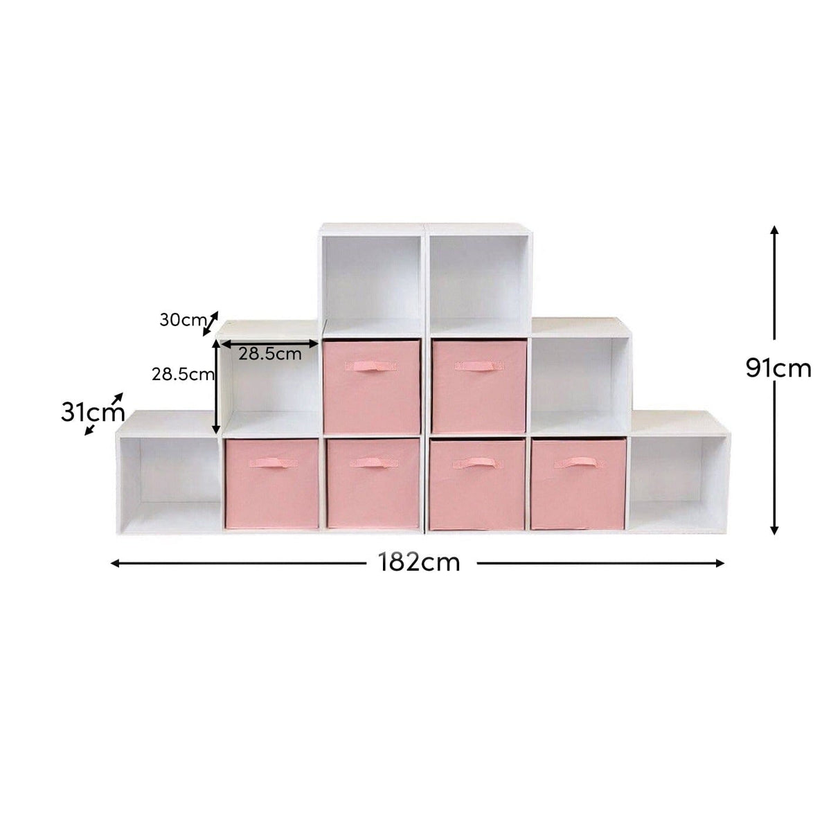 Cara 12 Cube Bookcase Ladder Storage Unit - Chalk White - Two 6 Cube Units - Pink Basket