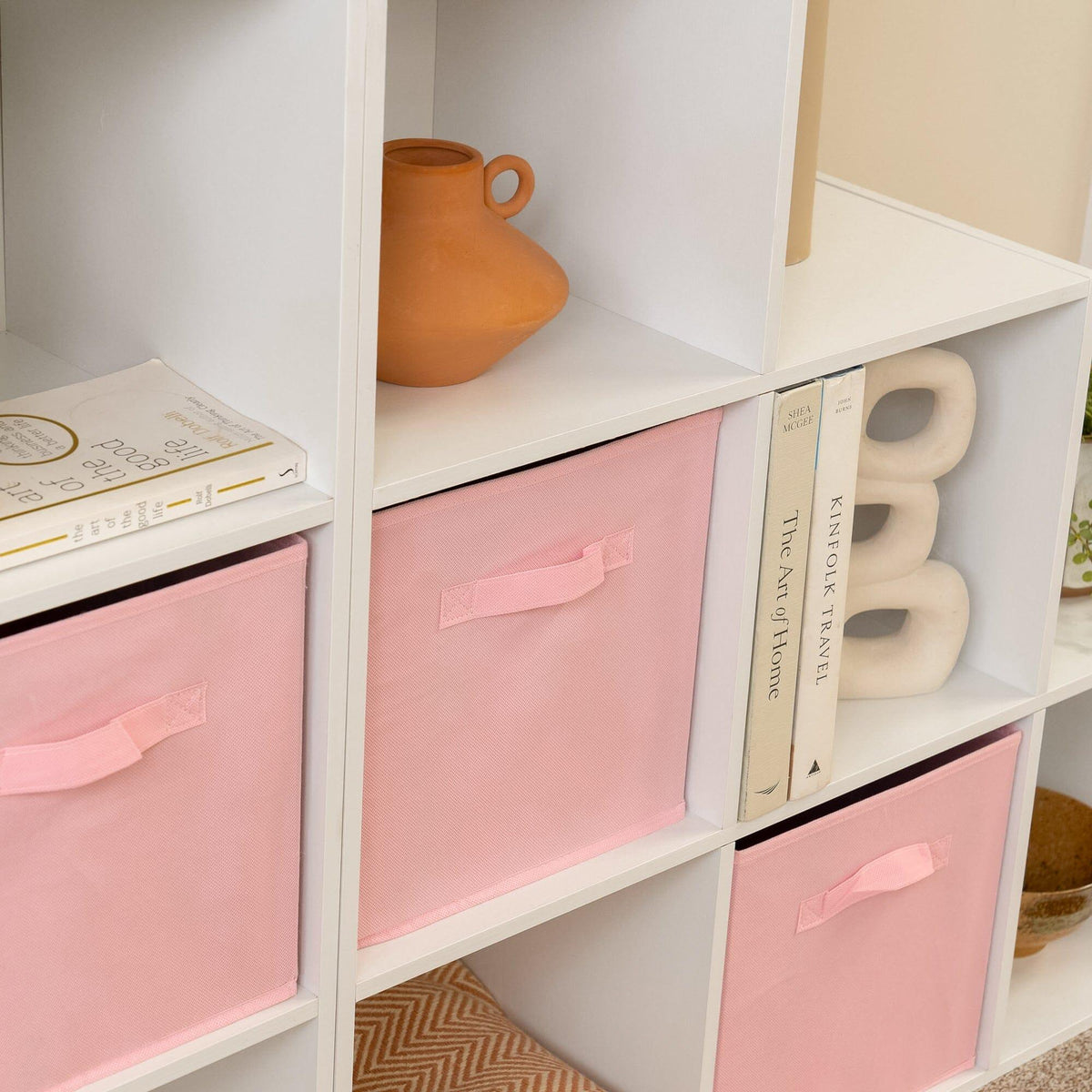 Cara 12 Cube Bookcase Ladder Storage Unit - Chalk White - Two 6 Cube Units - Pink Basket