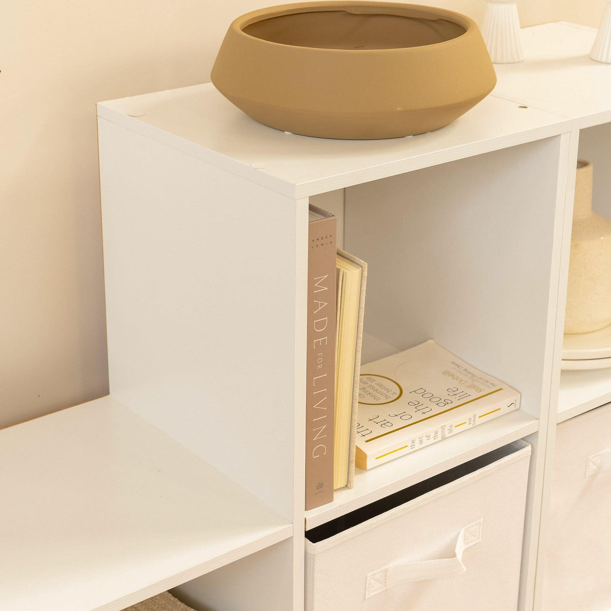 Cara 12 Cube Bookcase Ladder Storage Unit - Chalk White - Two 6 Cube Units - White Basket