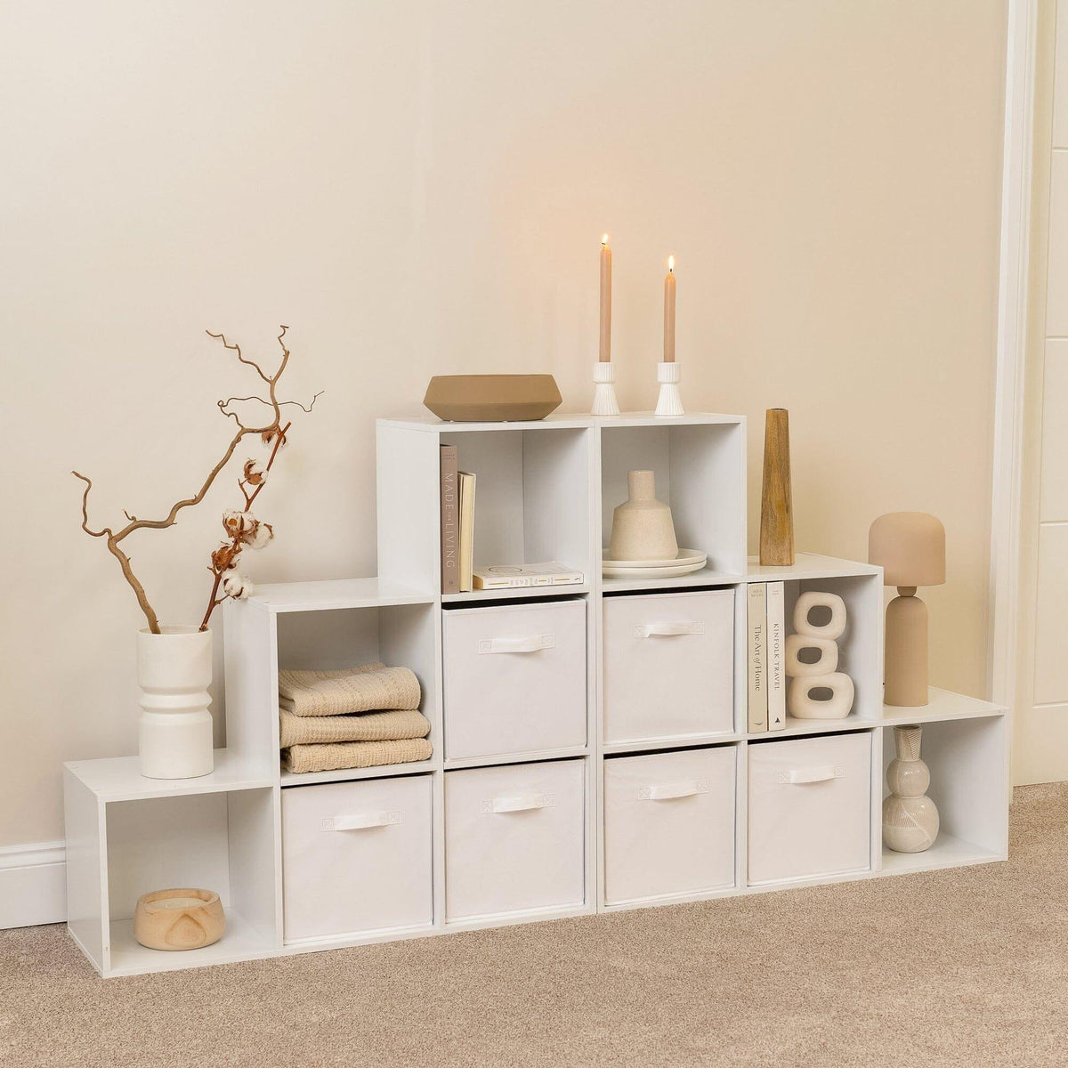 Cara 12 Cube Bookcase Ladder Storage Unit - Chalk White - Two 6 Cube Units - White Basket