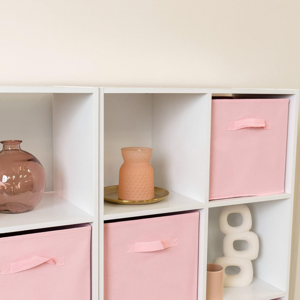 Cara 16 Cube Storage Unit - Chalk White - Two 8x2 Units - Pink Basket