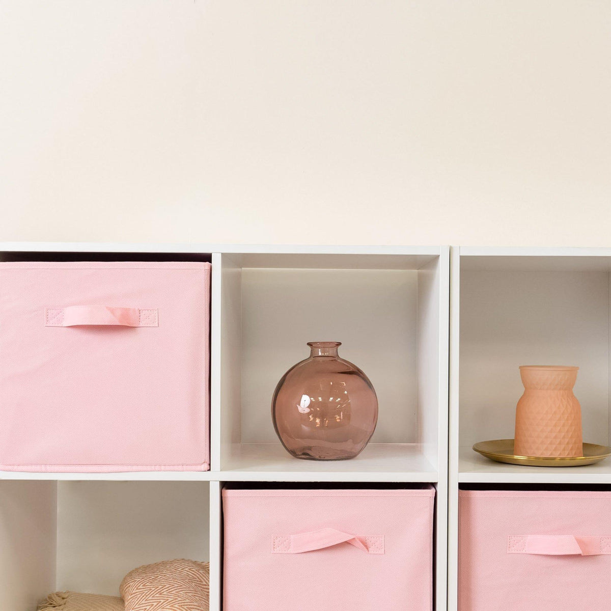 Cara 16 Cube Storage Unit - Chalk White - Two 8x2 Units - Pink Basket