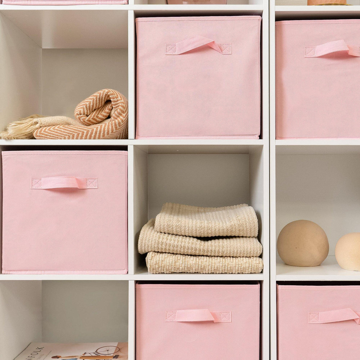 Cara 16 Cube Storage Unit - Chalk White - Two 8x2 Units - Pink Basket