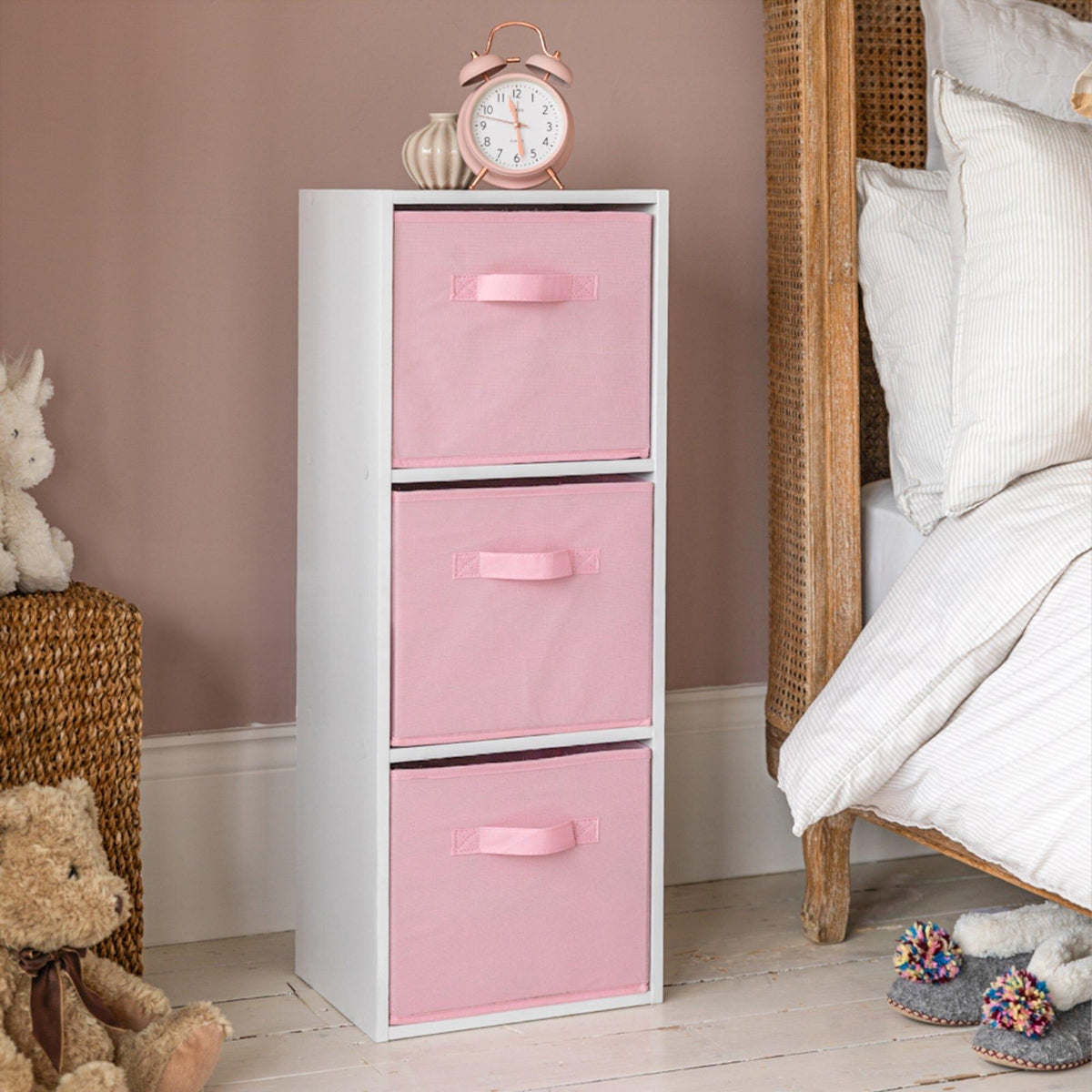 Cara 3 Tier Chalk White Bookcase Wooden Display Shelving Unit with Pink Storage Box