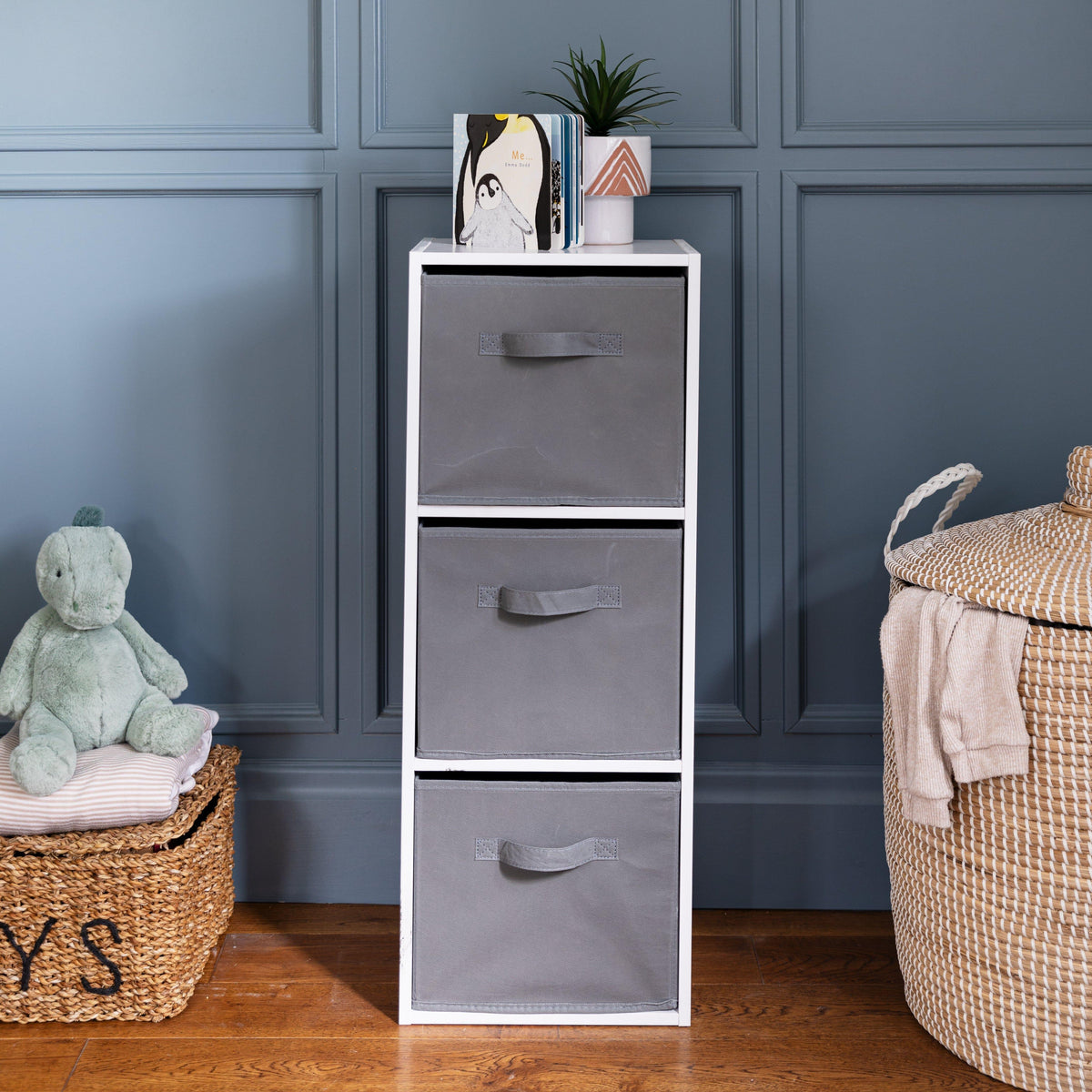 Cara 3 Tier Chalk White Cube Storage Unit - Grey Baskets