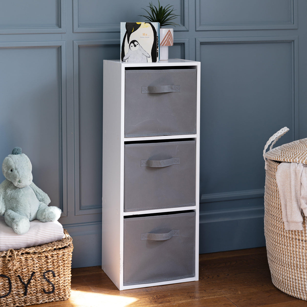 Cara 3 Tier Chalk White Cube Storage Unit - Grey Baskets