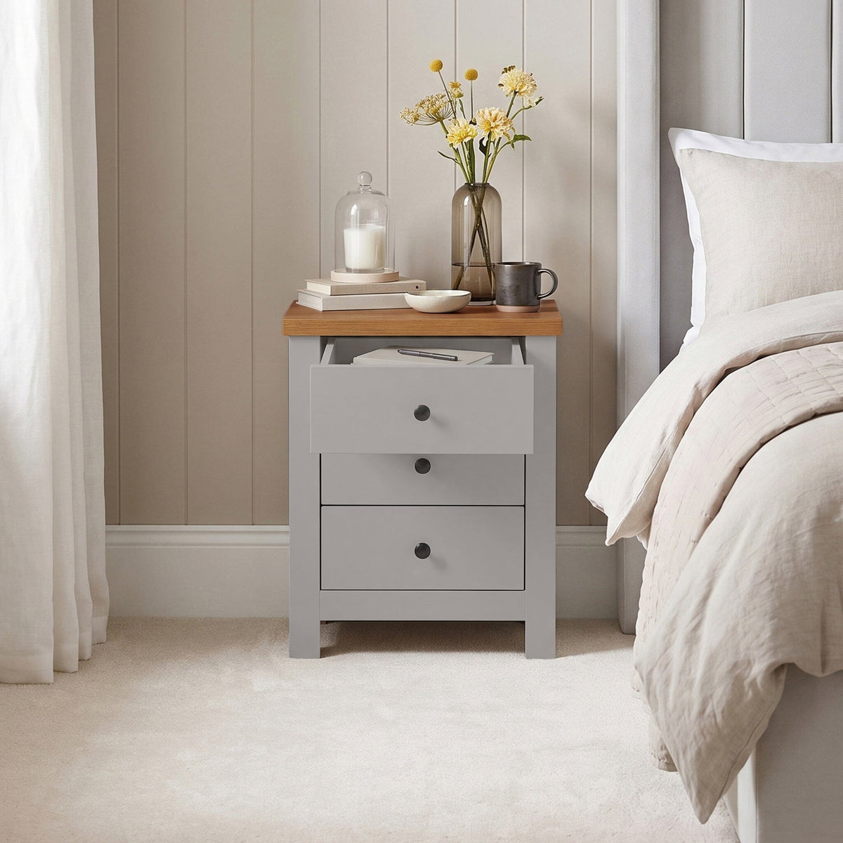Bampton 3 Drawer Bedside Table - Stone Grey