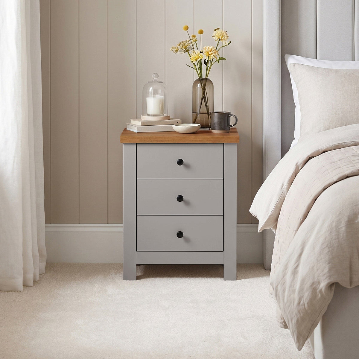 Bampton 3 Drawer Bedside Table - Stone Grey