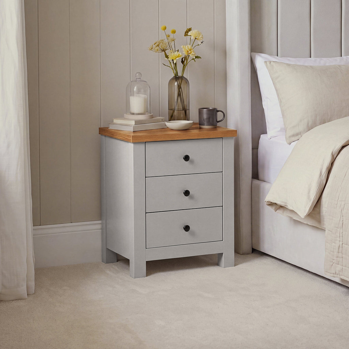 Bampton 3 Drawer Bedside Table - Stone Grey