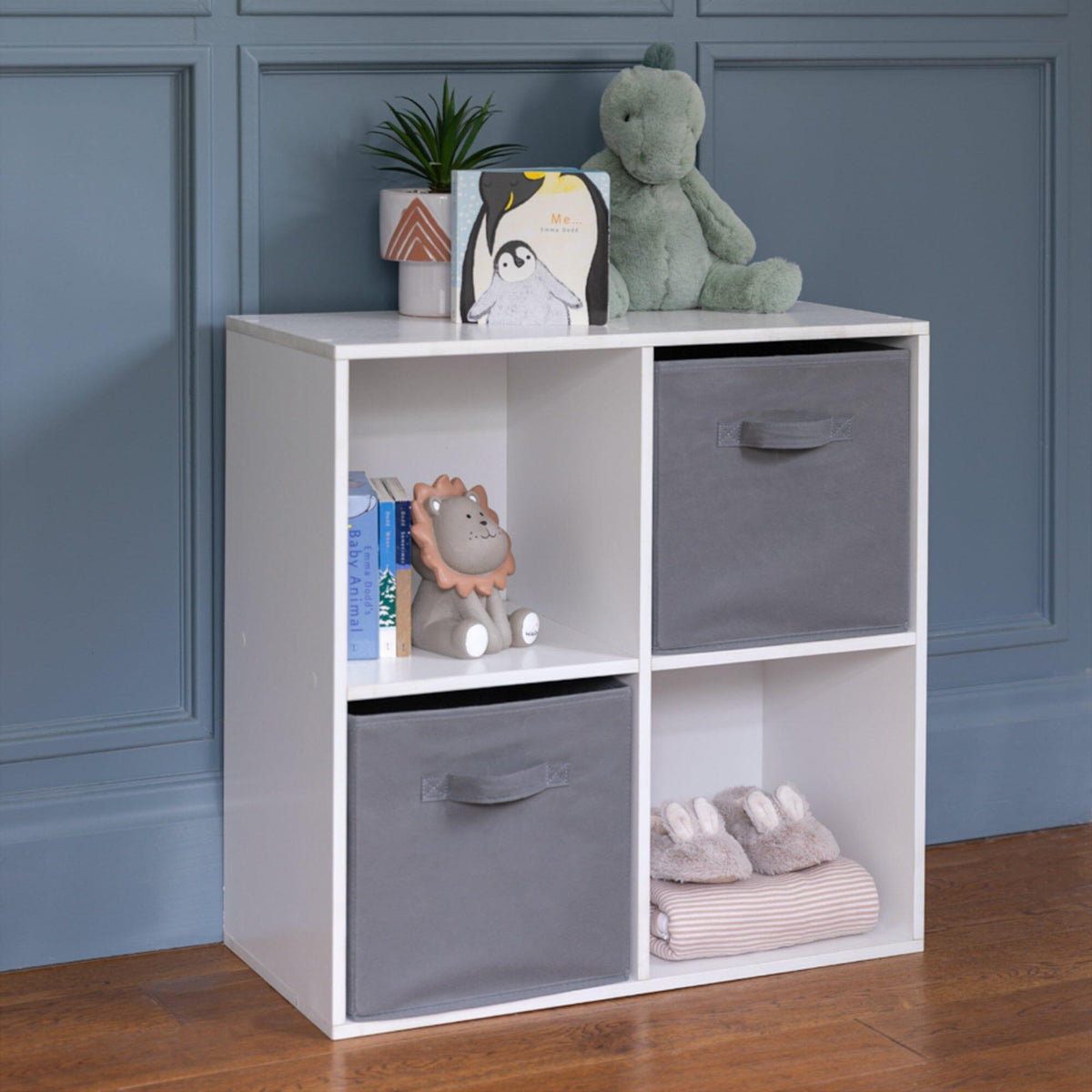 Cara 4 Cube Chalk White Bookcase Wooden Display Unit Shelving Storage Bookshelf Shelves - Grey Basket