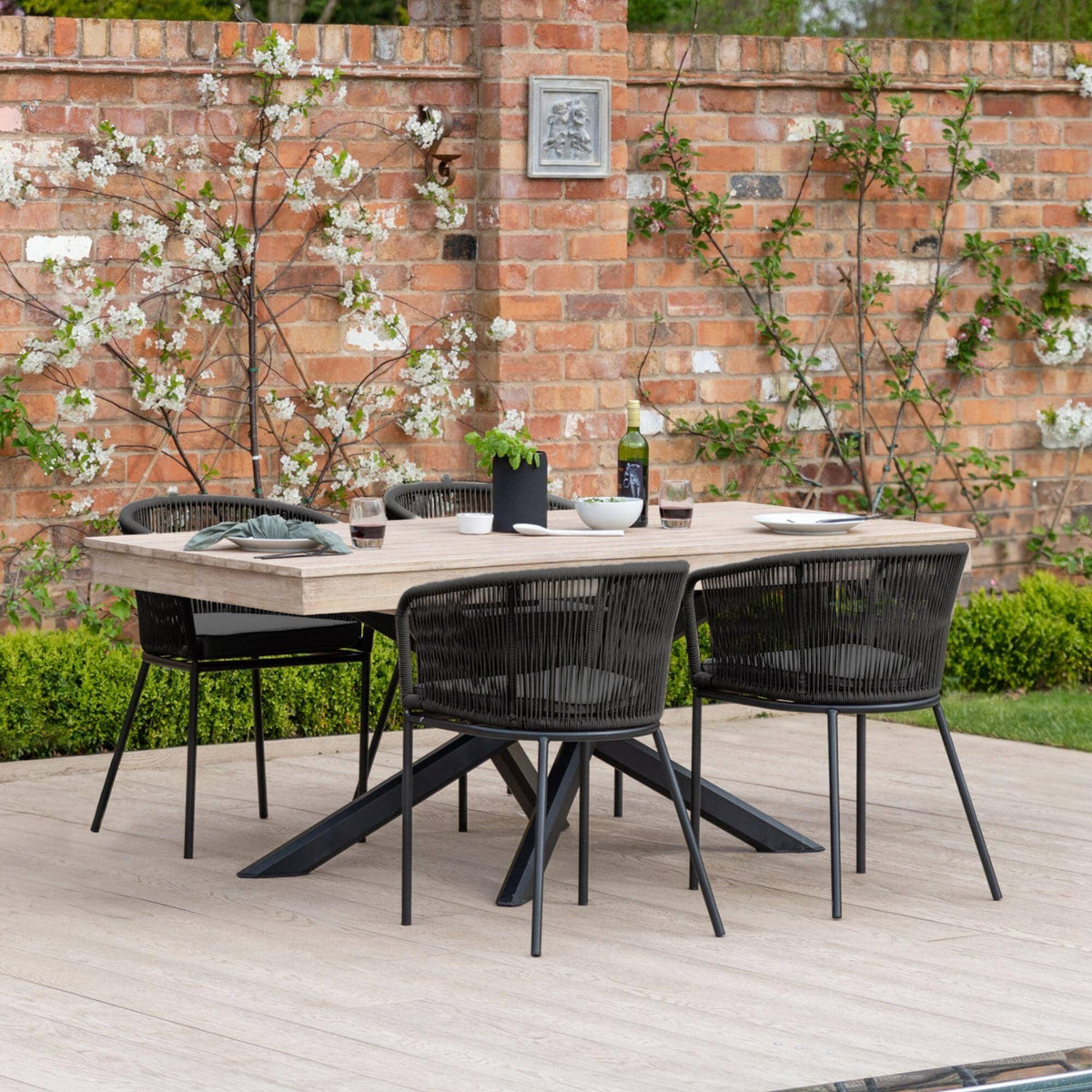 Amelia 4 Seater Wooden Garden Dining Set with 4 Hali Black Chairs - Light Brushed Acacia with Black Legs