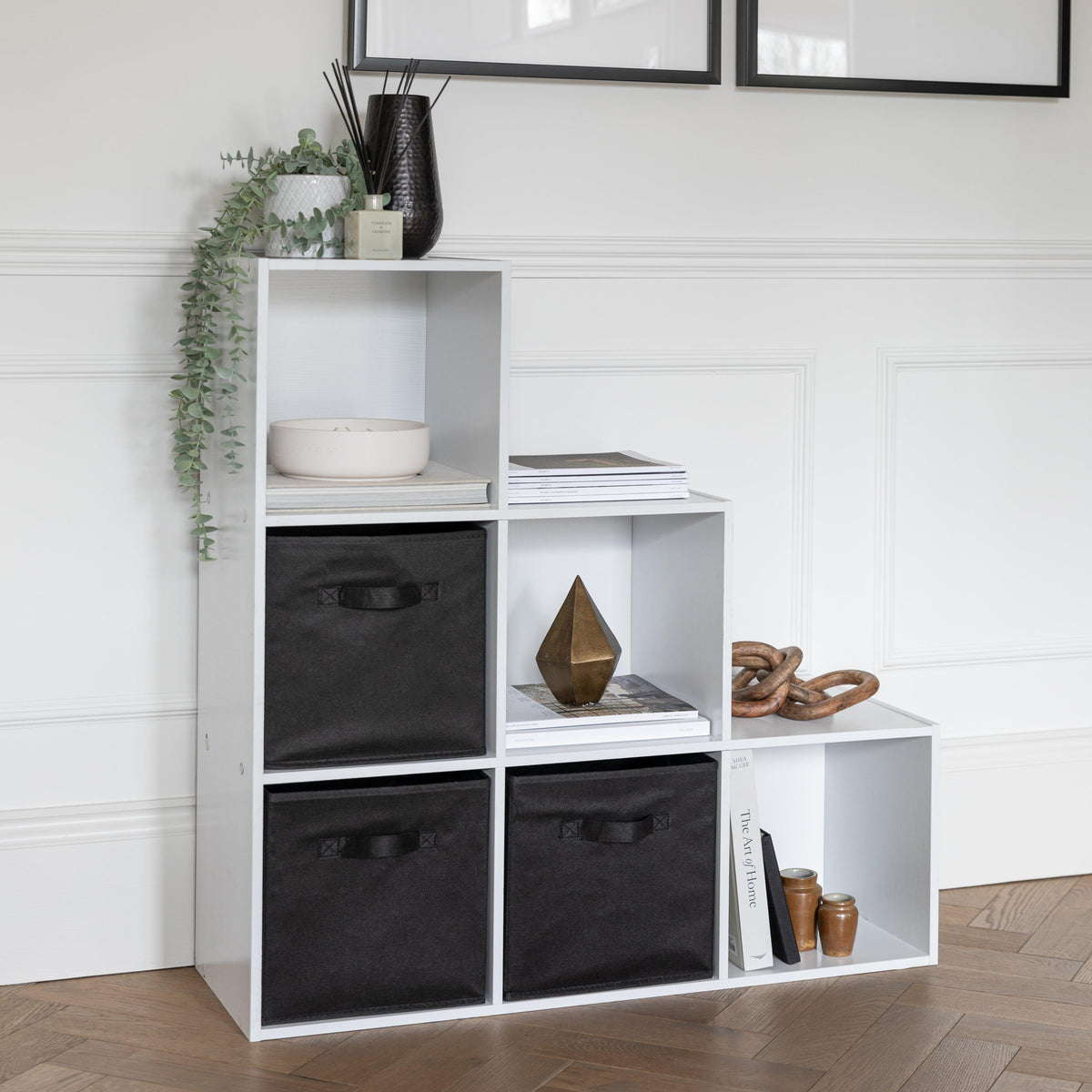 Cara 6 Cube Bookcase Ladder Storage Unit - Chalk White with Black Boxes