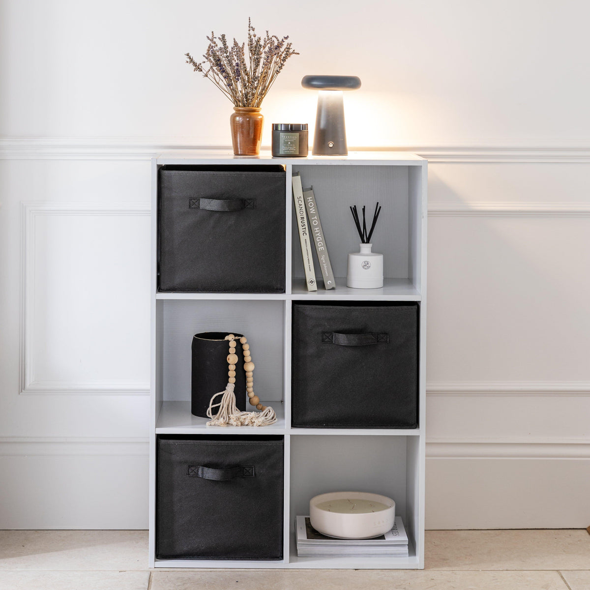 Cara 6 Cube Chalk White Bookcase Wooden Display Unit Shelving Storage Bookshelf Shelves - Black Basket