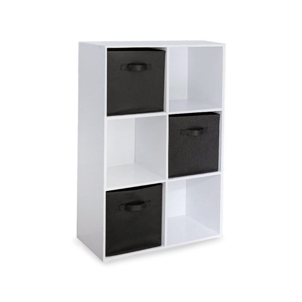 Cara 6 Cube Chalk White Bookcase Wooden Display Unit Shelving Storage Bookshelf Shelves - Black Basket