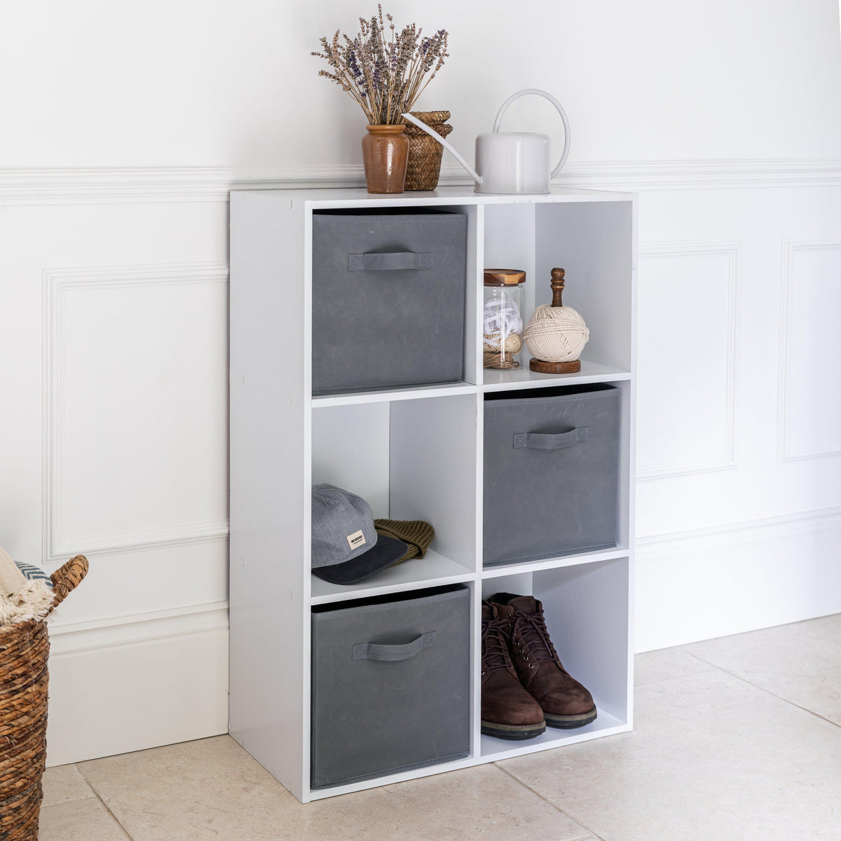 Cara 6 Cube Chalk White Bookcase Wooden Display Unit Shelving Storage Bookshelf Shelves - Grey Basket