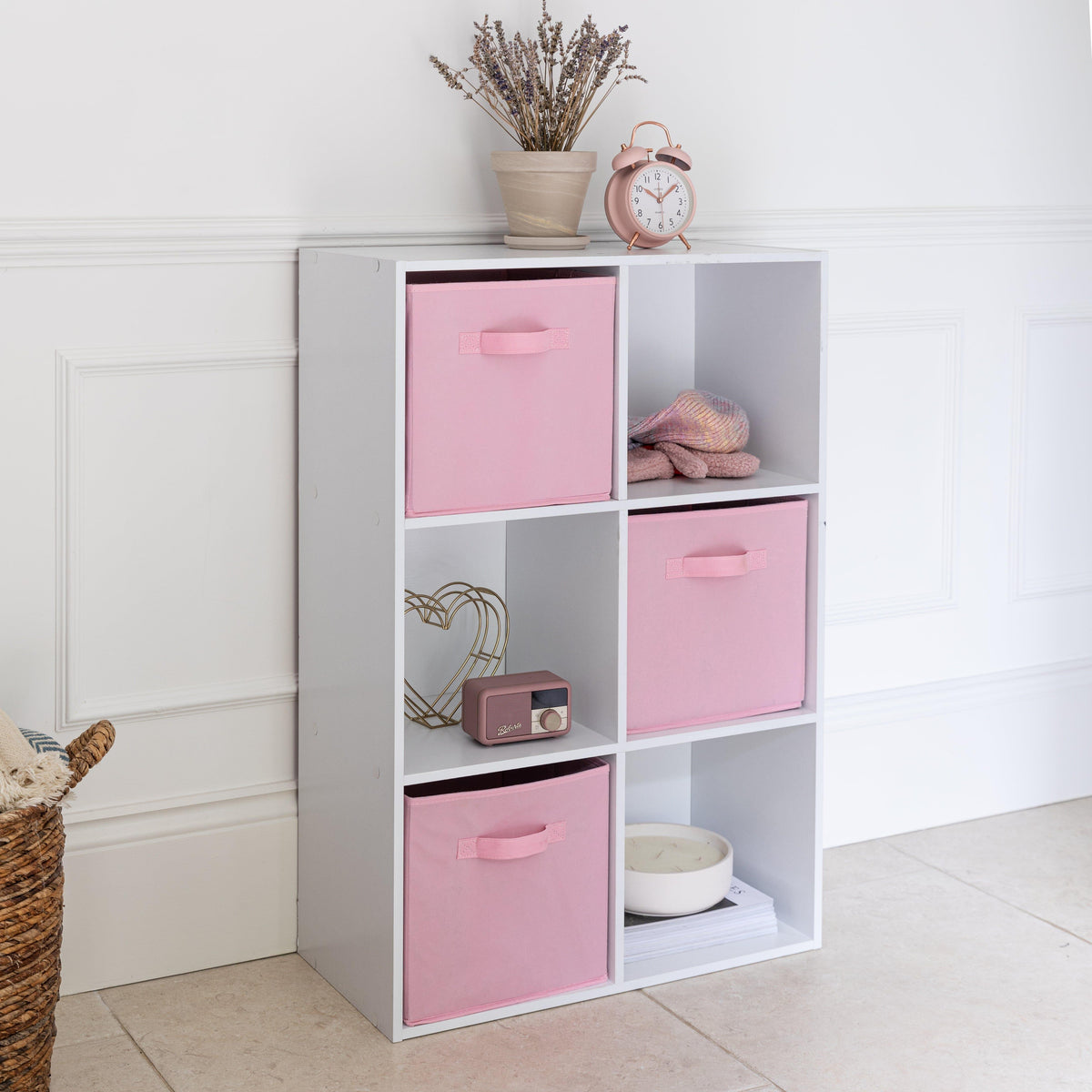Cara 6 Cube Chalk White Bookcase Wooden Display Unit Shelving Storage Bookshelf Shelves - Pink Basket