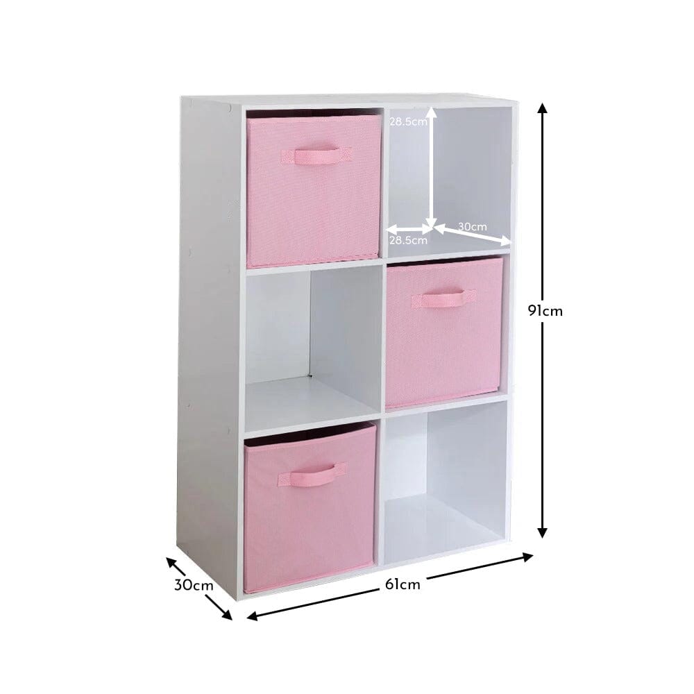 Cara 6 Cube Chalk White Bookcase Wooden Display Unit Shelving Storage Bookshelf Shelves - Pink Basket