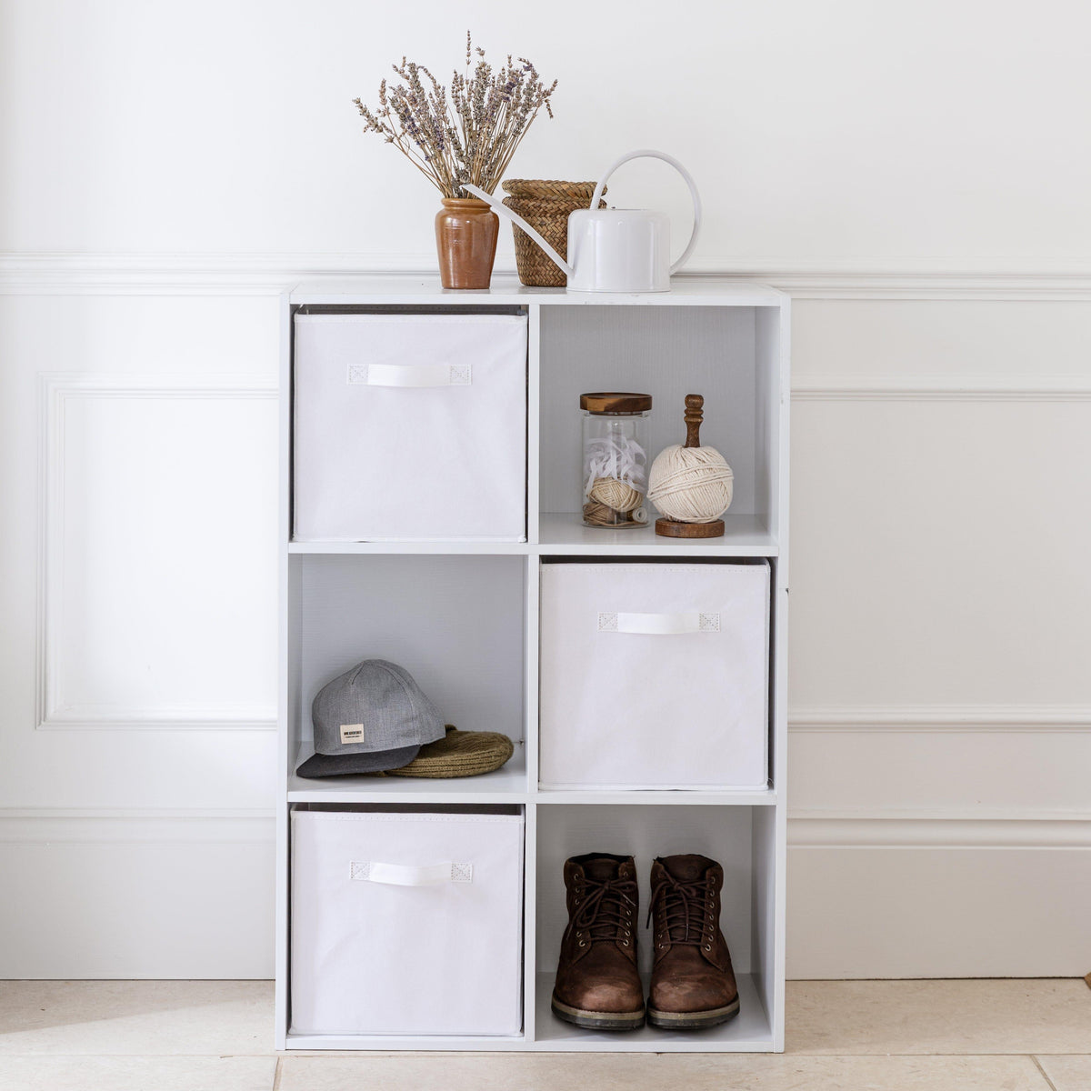 Cara 6 Cube Chalk White Bookcase Wooden Display Unit Shelving Storage Bookshelf Shelves - White Basket