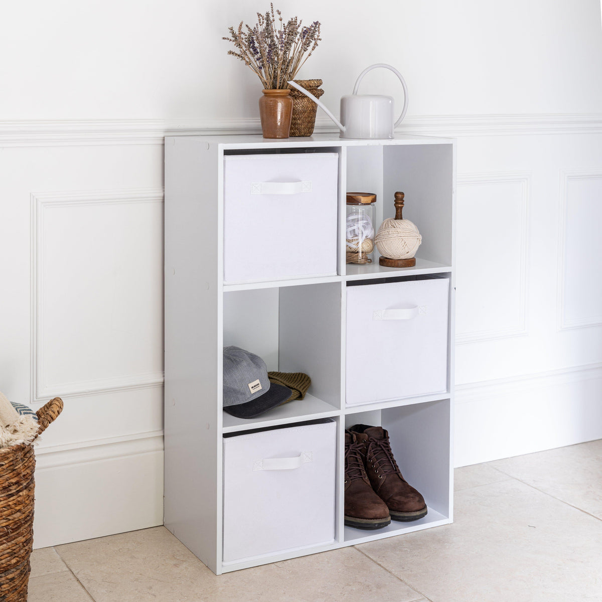 Cara 6 Cube Chalk White Bookcase Wooden Display Unit Shelving Storage Bookshelf Shelves - White Basket