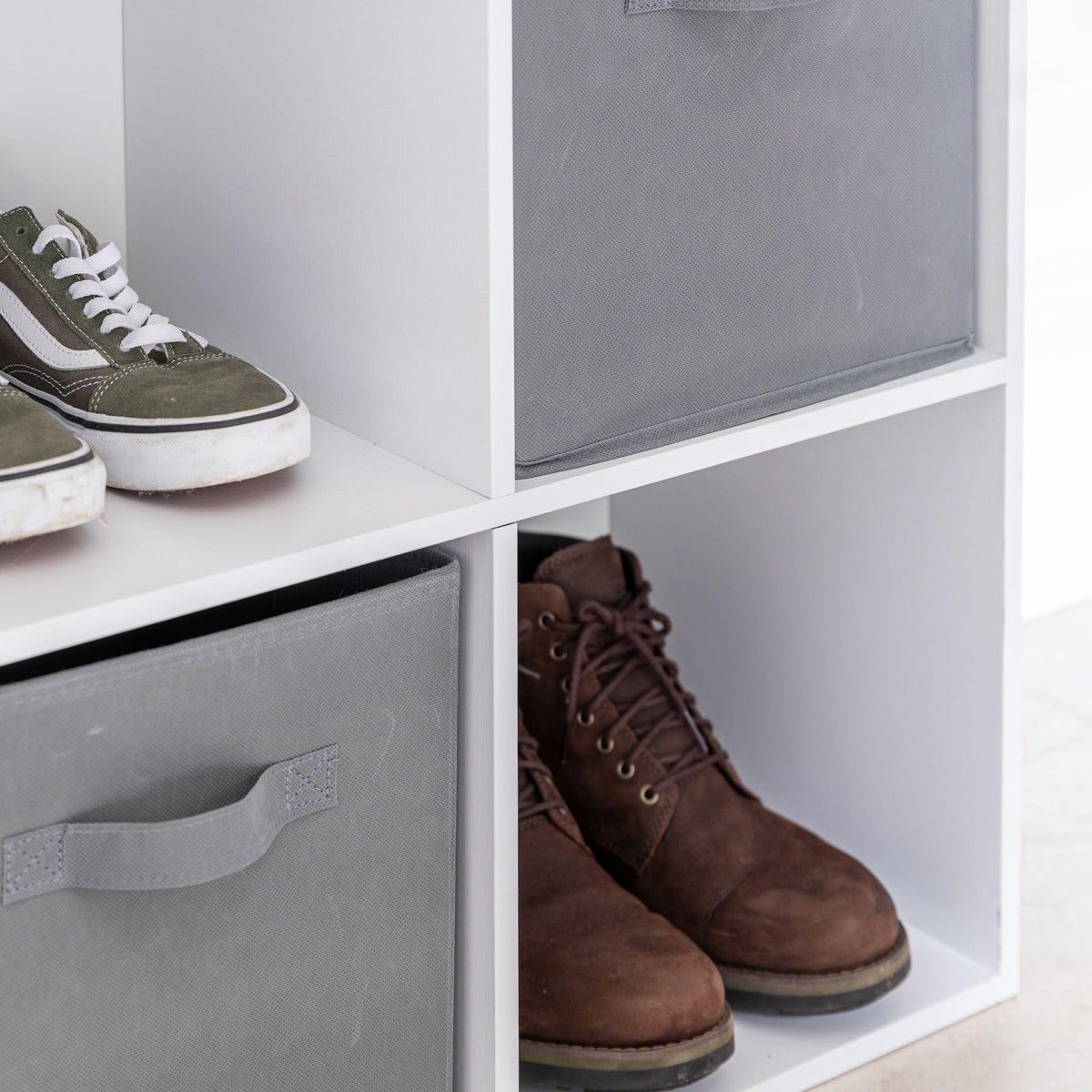 Cara 8 Cube Storage Unit in Chalk White & 4 Grey Handled Box Drawers