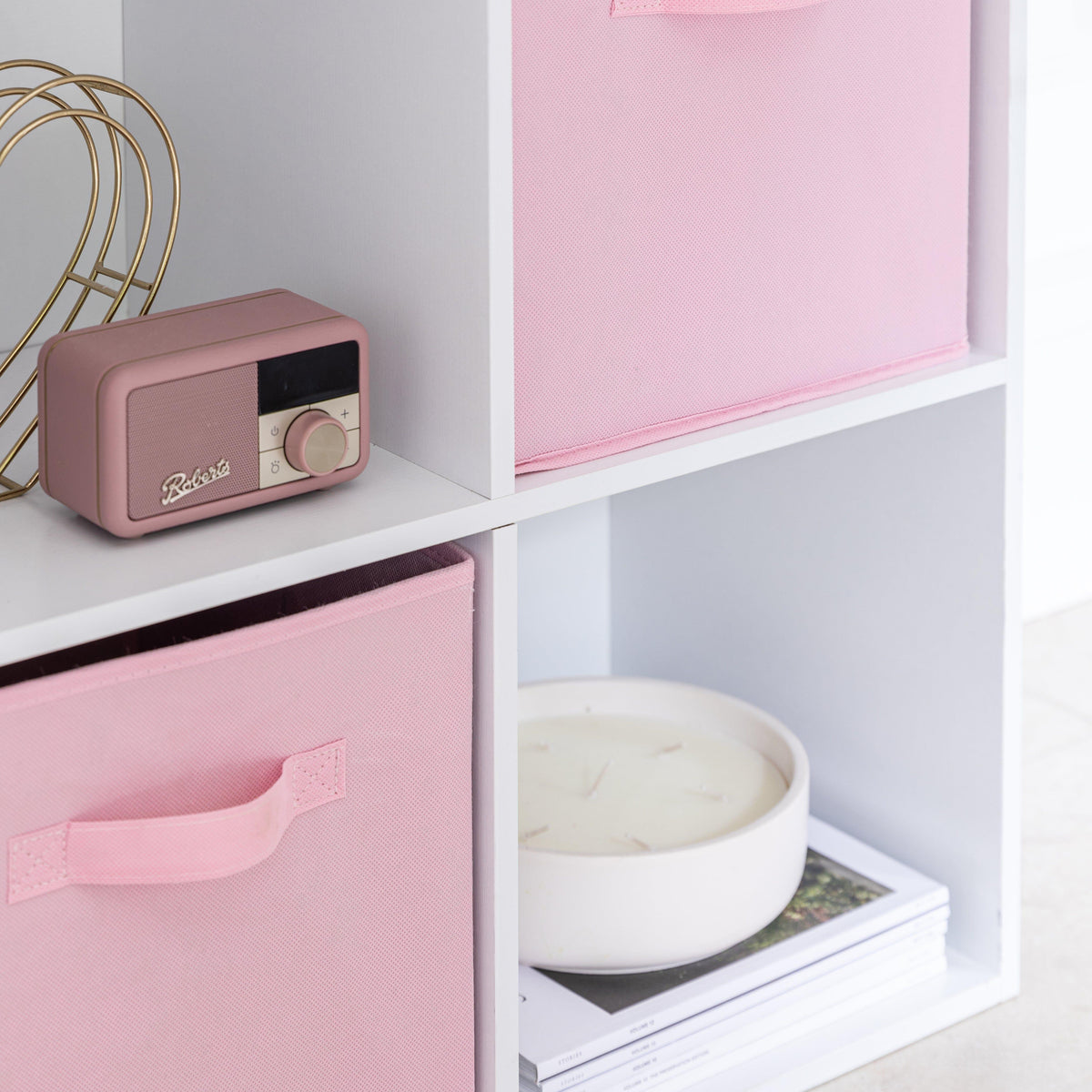 Cara 8 Cube Storage Unit in Chalk White & 4 Pink Handled Box Drawers
