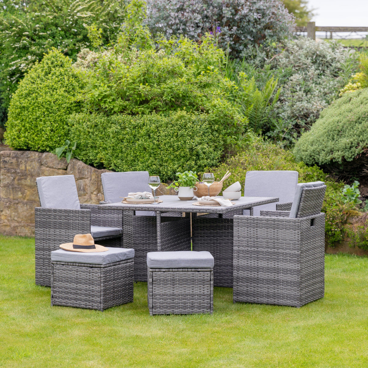 Cube 8 Seater Rattan Outdoor Dining Set - Grey Weave Polywood Top