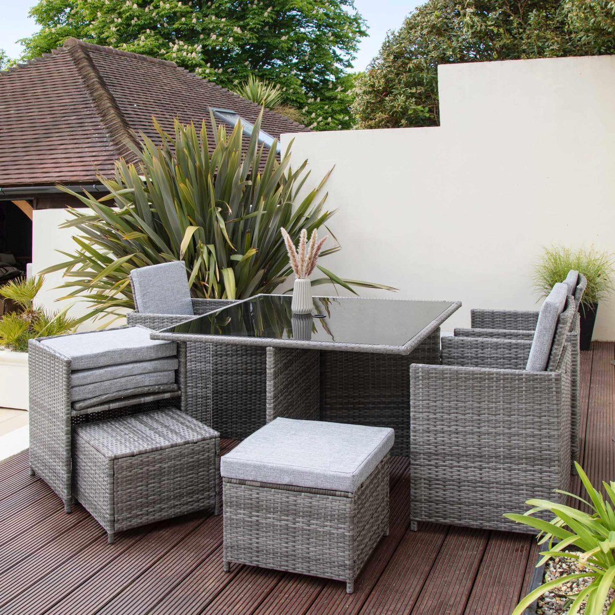 OUTLET - 8 Seater Rattan Cube Outdoor Dining Set - Grey Weave with Grey Cushions