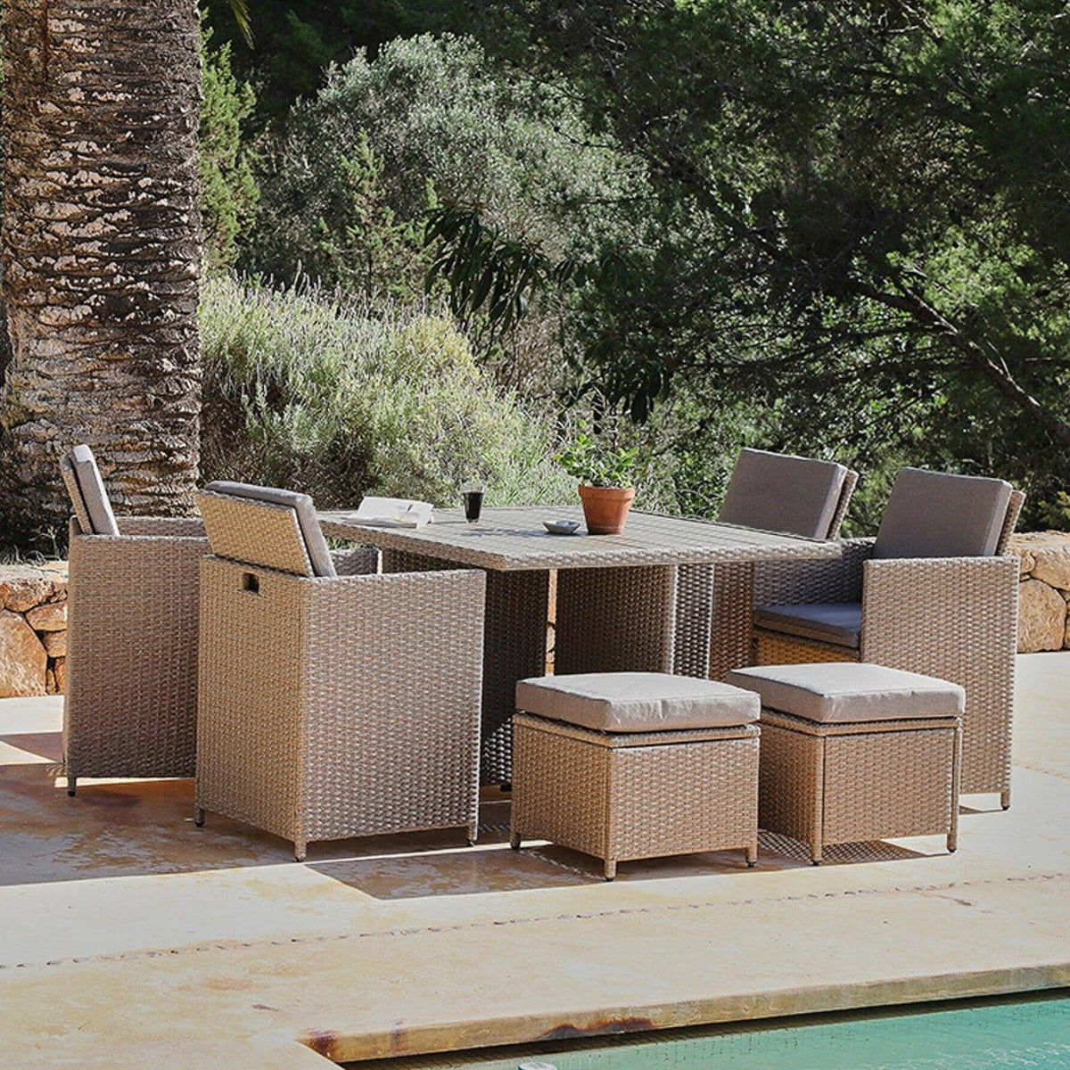 Cube 8 Seater Rattan Outdoor Dining Set - Natural Brown Weave Polywood Top