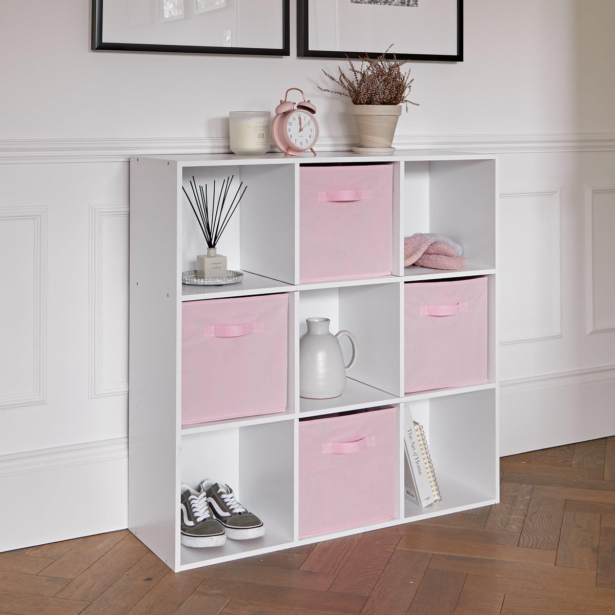 Cara 9 Cube Storage Unit - Bookcase & 4 Pink Handled Box Drawers