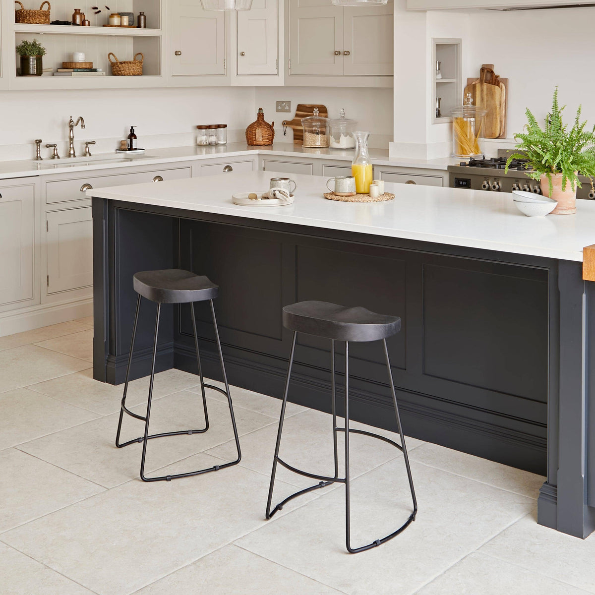 Aiden Black Mango Wood Backless Bar Stools - Set of 2 - Black Iron Legs
