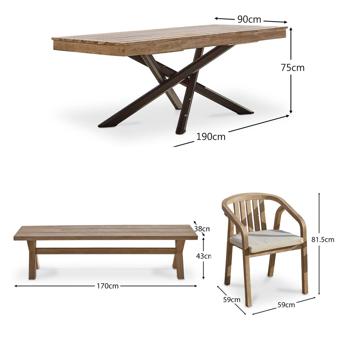 Amelia 6 Seater Wooden Garden Dining Set with 4 Shiro Chairs & Charlotte Bench
