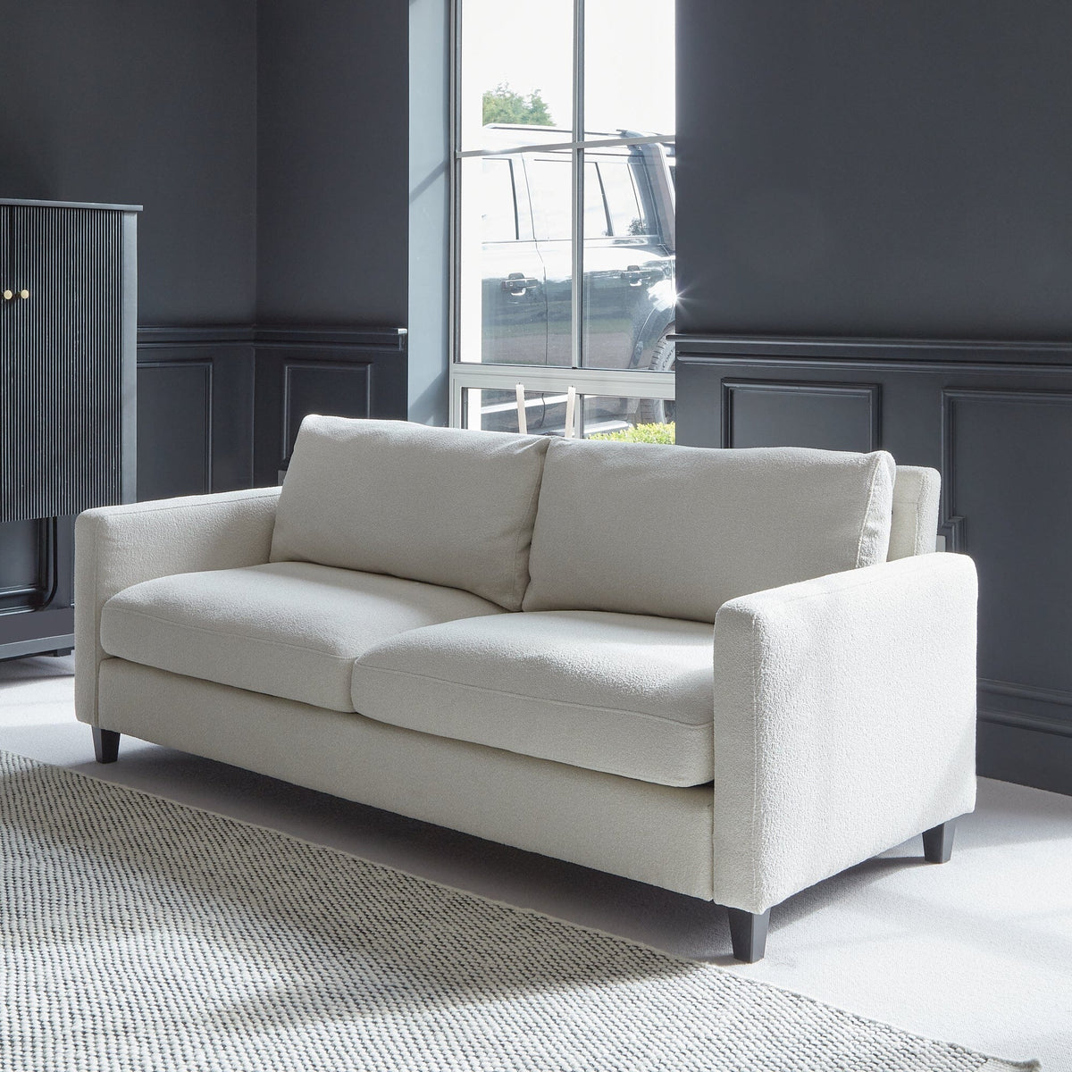 Ava 3 Seater Sofa - Light Beige Boucle with Black Oak Legs