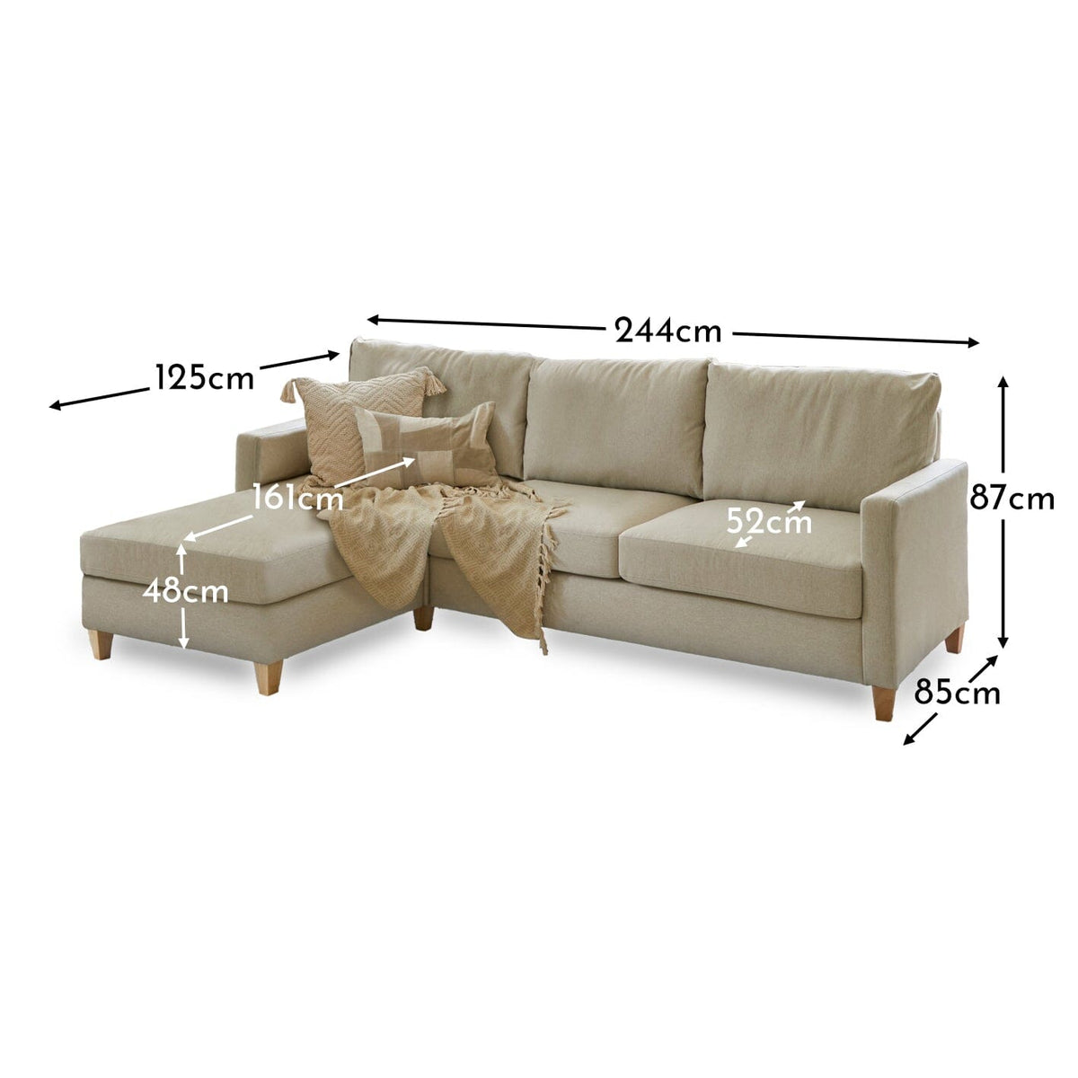 Ava Large Chaise Corner Sofa - Left Hand - Sand with Pale Oak Legs