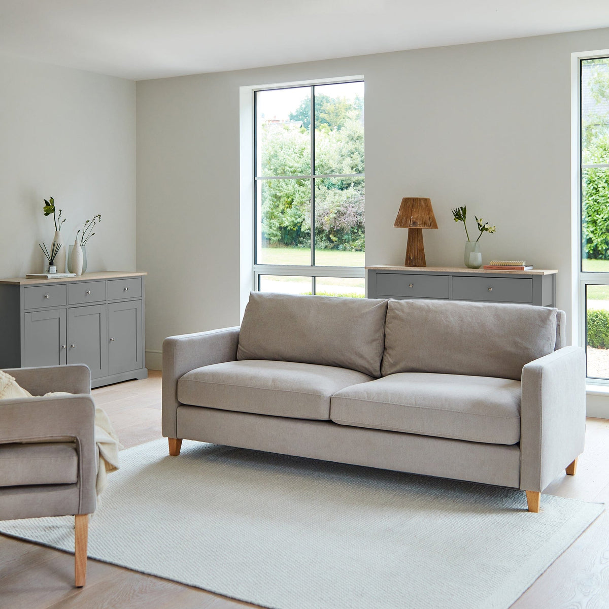 Ava 3 Seater Sofa - Soft Beige with Pale Oak Legs
