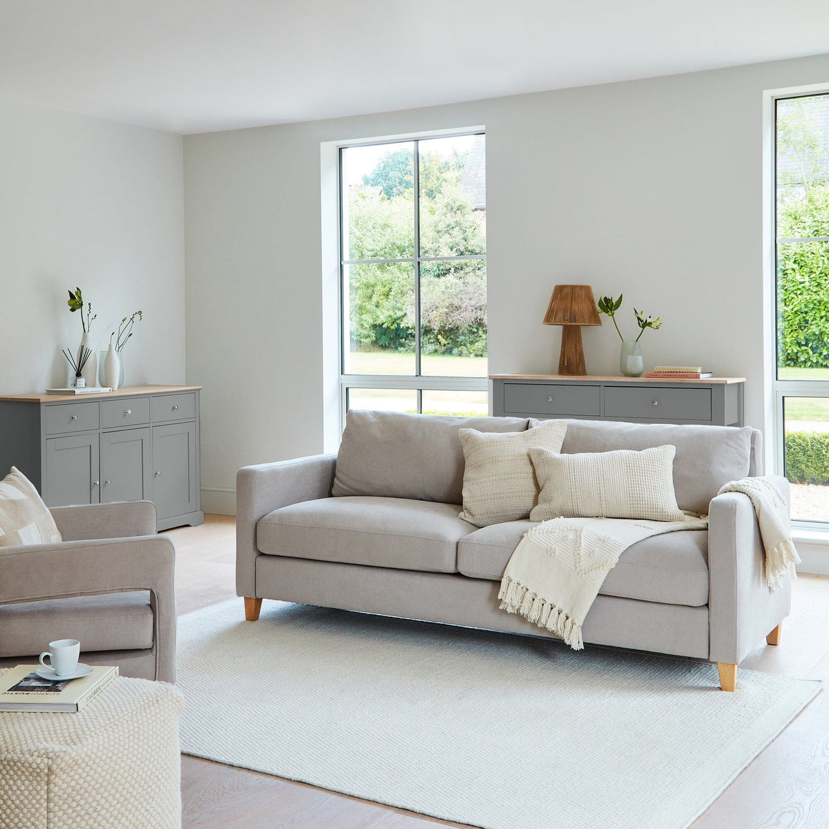 Ava 3 Seater Sofa - Soft Beige with Pale Oak Legs
