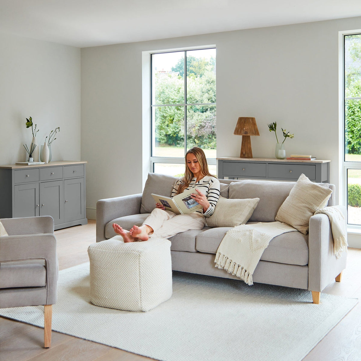 Ava 3 Seater Sofa - Soft Beige with Pale Oak Legs