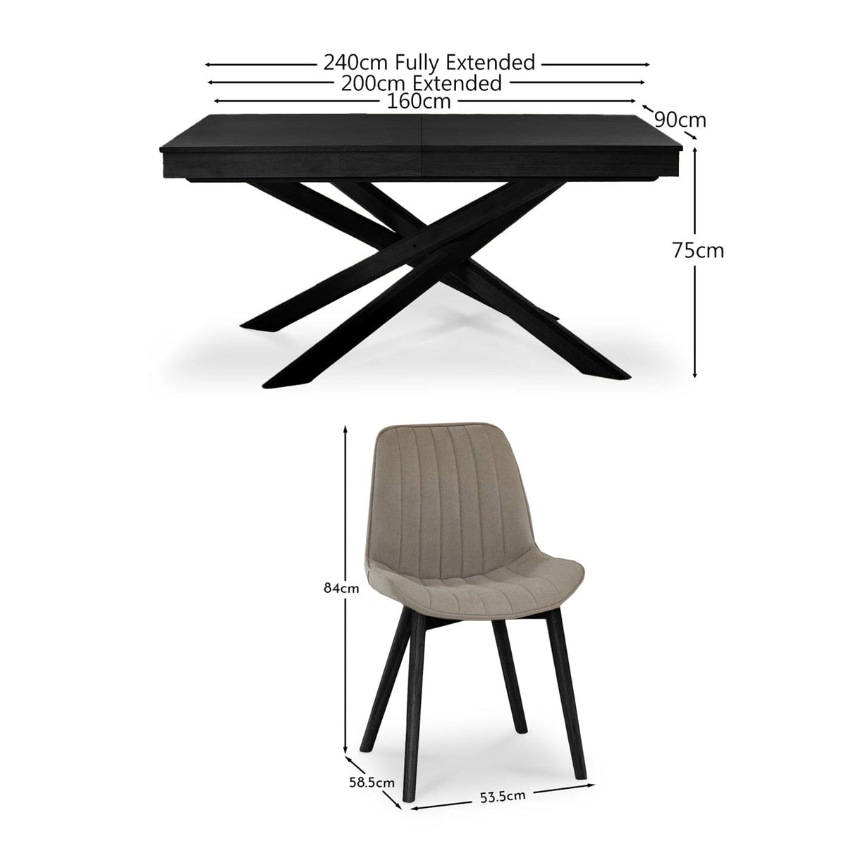 Amelia Black Extending Dining Table Set - 6 Seater - Bella Beige Dining Chairs - Black Legs