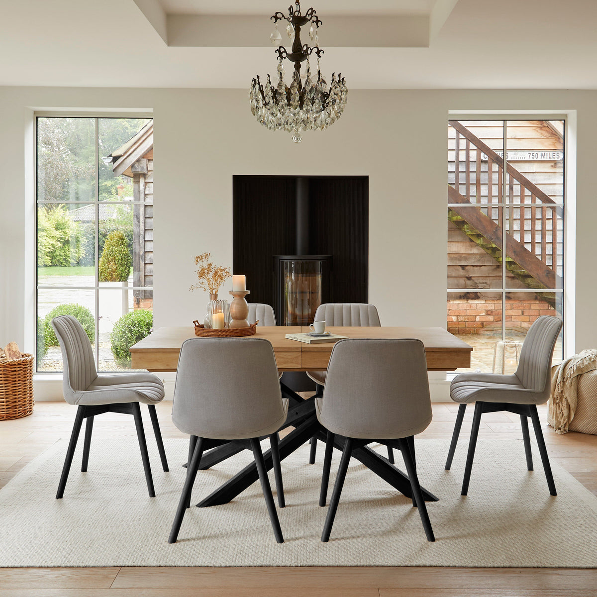 Amelia Whitewash Extendable Dining Table Set - 6 Seater - Bella Cloud Grey Dining Chairs - Black Legs