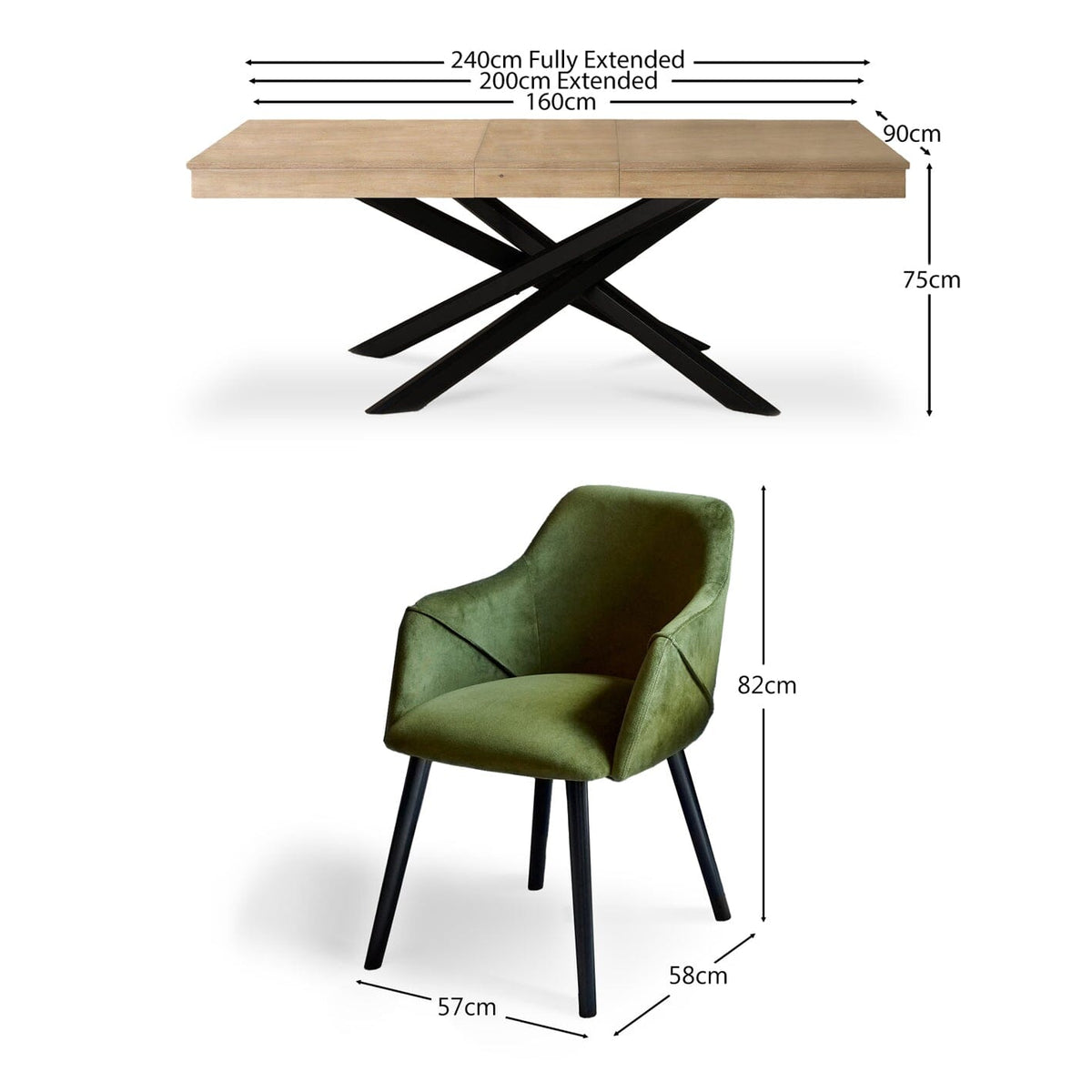 Amelia Whitewash Extendable Dining Table Set - 6 Seater - Freya Fern Green Carver Chairs - Black Legs