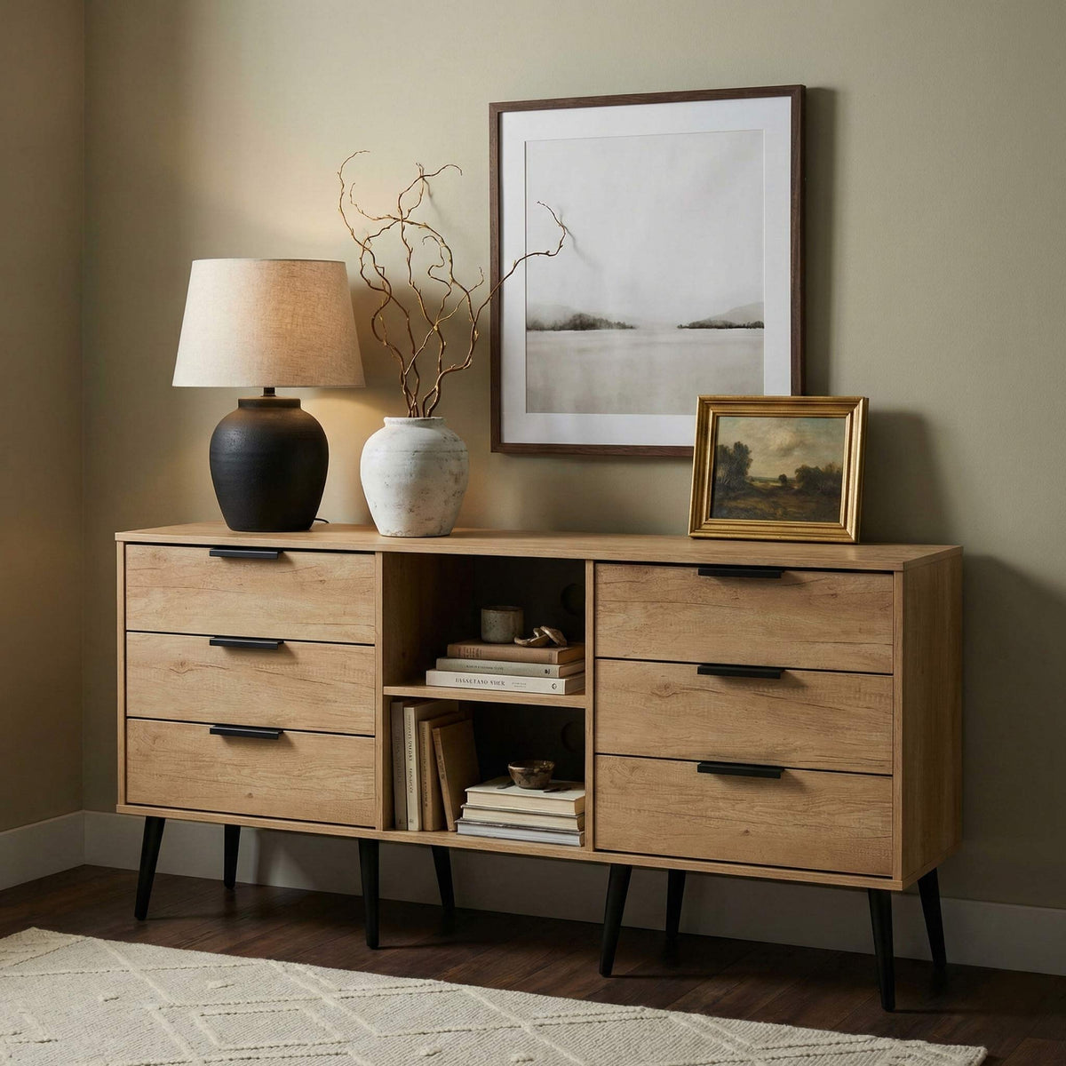 Asher Light Oak 6 Drawer Sideboard with Black Legs