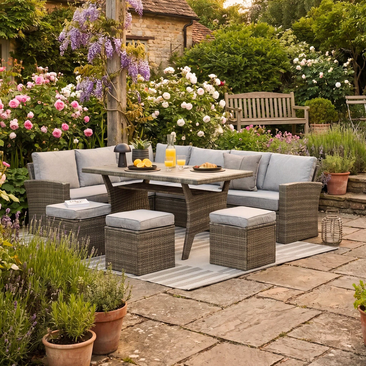 Aston 9 Seater Rattan Corner Sofa Set with Polywood Top - Grey