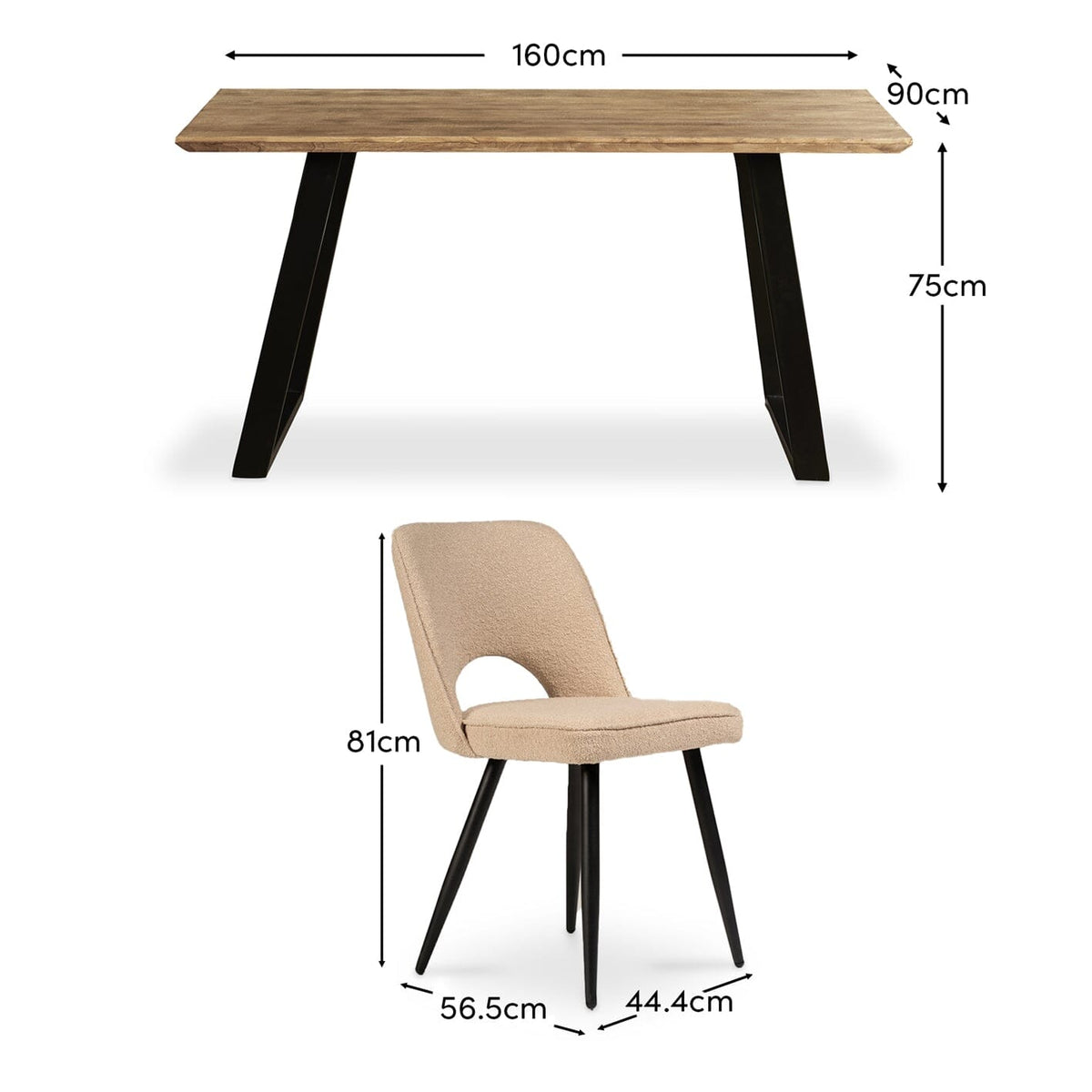 Atlas Chalked Mango Wood Dining Table Set - 6 Seater - Dolly Cream Boucle Dining Chairs - Black Legs